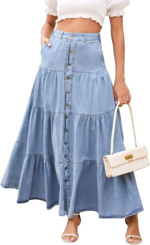 ebossy Women's Tiered Button Down Denim Maxi Skirts High Elastic Waist Pleated Swing A-Line Jean Skirts with Pockets in Saudi Arabia
