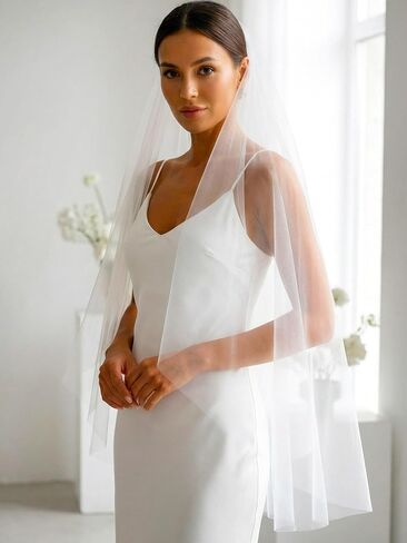 HEREAD طرحة زفاف العروس ذات طبقة واحدة بطول الخصر القصير وحجاب الزفاف الأبيض من التول مع مشط للنساء in Kuwait