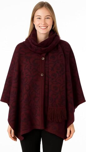 NOVICA Artisan Crafted Reversible Alpaca Blend Ruana | Burgundy Patterned | Acrylic Wool Scarf | Wine Purple | Coconut Shell Buttons | Draped Cloak |'Peruvian Wildflower in Red' in Kuwait