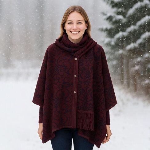 NOVICA Artisan Crafted Reversible Alpaca Blend Ruana | Burgundy Patterned | Acrylic Wool Scarf | Wine Purple | Coconut Shell Buttons | Draped Cloak |'Peruvian Wildflower in Red' in Kuwait