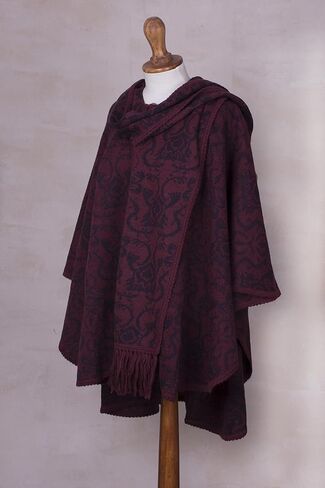 NOVICA Artisan Crafted Reversible Alpaca Blend Ruana | Burgundy Patterned | Acrylic Wool Scarf | Wine Purple | Coconut Shell Buttons | Draped Cloak |'Peruvian Wildflower in Red' in Kuwait