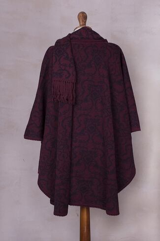 NOVICA Artisan Crafted Reversible Alpaca Blend Ruana | Burgundy Patterned | Acrylic Wool Scarf | Wine Purple | Coconut Shell Buttons | Draped Cloak |'Peruvian Wildflower in Red' in Kuwait