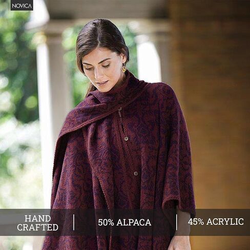 NOVICA Artisan Crafted Reversible Alpaca Blend Ruana | Burgundy Patterned | Acrylic Wool Scarf | Wine Purple | Coconut Shell Buttons | Draped Cloak |'Peruvian Wildflower in Red' in Kuwait