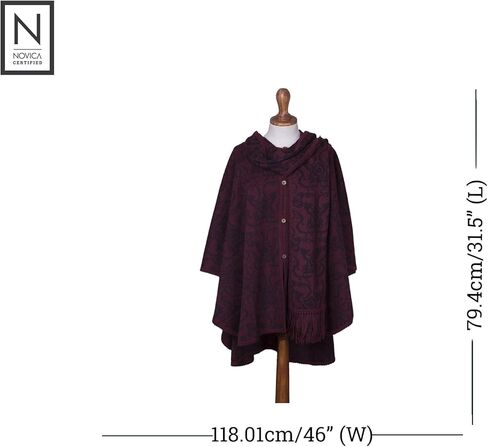 NOVICA Artisan Crafted Reversible Alpaca Blend Ruana | Burgundy Patterned | Acrylic Wool Scarf | Wine Purple | Coconut Shell Buttons | Draped Cloak |'Peruvian Wildflower in Red' in Kuwait