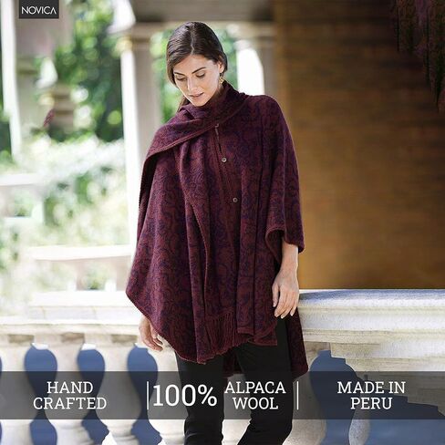 NOVICA Artisan Crafted Reversible Alpaca Blend Ruana | Burgundy Patterned | Acrylic Wool Scarf | Wine Purple | Coconut Shell Buttons | Draped Cloak |'Peruvian Wildflower in Red' in Kuwait