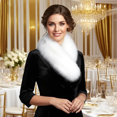 وشاح نسائي بياقة من الفرو الصناعي شال شتوي بياقة فروي أبيض وشتوي لتدفئة الرقبة، بطول 29.9 بوصة in Kuwait