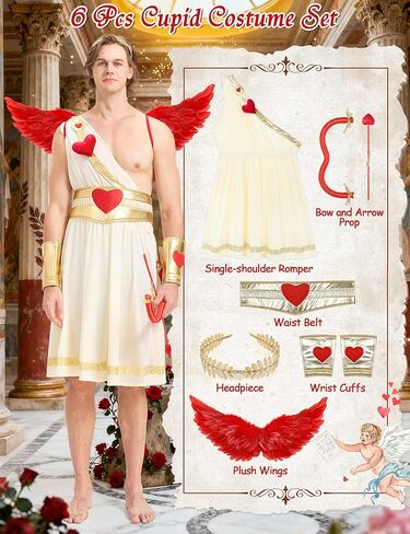 6PCS Adult Cupid Costume for Men Valentines Day Cupid Costume with Wings, Bow & Arrow Fun Outfit for Party Cosplay in Saudi Arabia