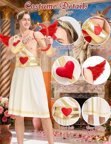 6PCS Adult Cupid Costume for Men Valentines Day Cupid Costume with Wings, Bow & Arrow Fun Outfit for Party Cosplay in Saudi Arabia