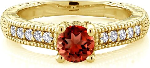 خاتم سوليتير نسائي من Gem Stone King مطلي بالذهب الأصفر عيار 18 قيراط والعقيق الأحمر والأبيض مرصع بأحجار مميزة | 1.15 قيراط | شكل دائري 5 ملم | خاتم الذكرى السنوية للخطوبة والزفاف in Kuwait