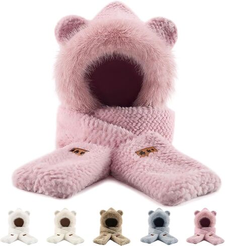 Hat Scarf Gloves Set for Women Winter, Plush Fleece Bear Neck Warmer 3-in-1 Accessory for Skiing Snowboarding in Saudi Arabia