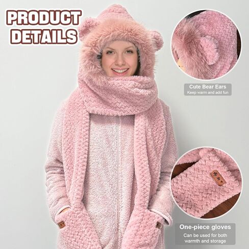 Hat Scarf Gloves Set for Women Winter, Plush Fleece Bear Neck Warmer 3-in-1 Accessory for Skiing Snowboarding in Saudi Arabia