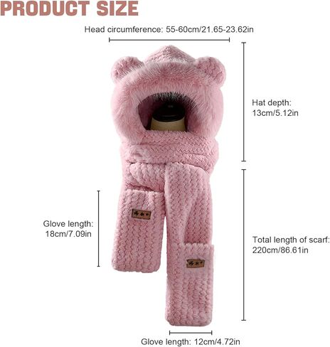 Hat Scarf Gloves Set for Women Winter, Plush Fleece Bear Neck Warmer 3-in-1 Accessory for Skiing Snowboarding in Saudi Arabia