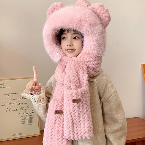 Hat Scarf Gloves Set for Women Winter, Plush Fleece Bear Neck Warmer 3-in-1 Accessory for Skiing Snowboarding in Saudi Arabia