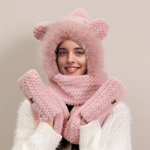Hat Scarf Gloves Set for Women Winter, Plush Fleece Bear Neck Warmer 3-in-1 Accessory for Skiing Snowboarding in Saudi Arabia