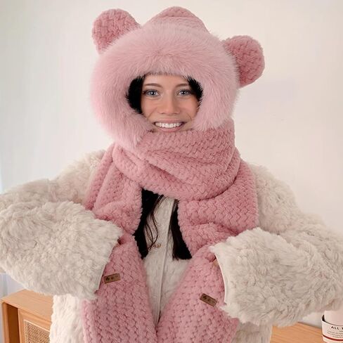 Hat Scarf Gloves Set for Women Winter, Plush Fleece Bear Neck Warmer 3-in-1 Accessory for Skiing Snowboarding in Saudi Arabia