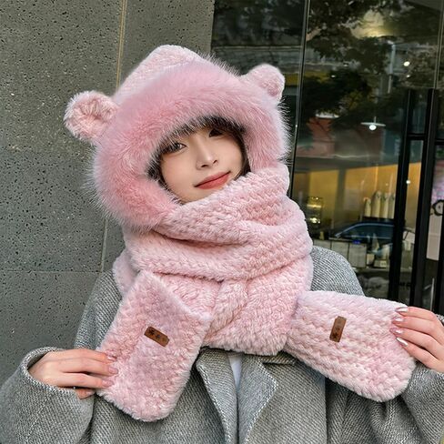 Hat Scarf Gloves Set for Women Winter, Plush Fleece Bear Neck Warmer 3-in-1 Accessory for Skiing Snowboarding in Saudi Arabia