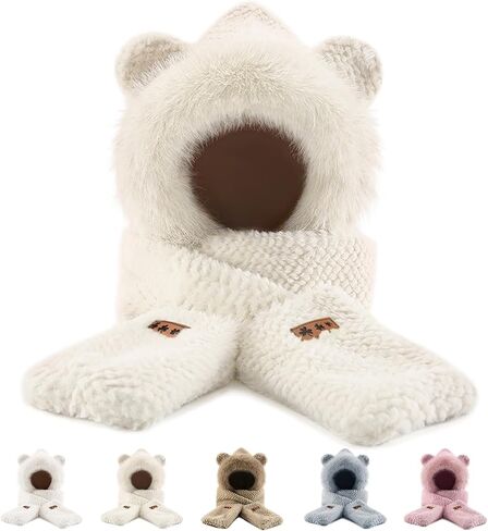 Hat Scarf Gloves Set for Women Winter, Plush Fleece Bear Neck Warmer 3-in-1 Accessory for Skiing Snowboarding in Saudi Arabia