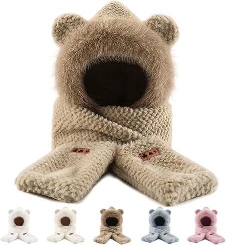 Hat Scarf Gloves Set for Women Winter, Plush Fleece Bear Neck Warmer 3-in-1 Accessory for Skiing Snowboarding in Saudi Arabia