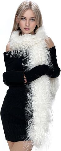 Greenery-GRE Womens Faux Fur Feathered Long Scarf Fuzzy Plush Oversize Stole Scarf Shawl Thick Winter Warm Wrap Partywear in Saudi Arabia