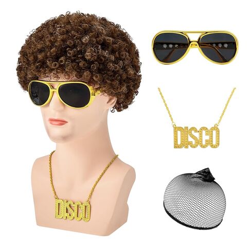 زي ديسكو للرجال من Zando Afro في السبعينيات - مجموعة 4 قطع (شعر مستعار + نظارات + قلادة ديسكو + قبعة شعر مستعار) شعر صناعي طبيعي قصير أسود مجعد في السبعينيات من الثمانينيات لزي الهيبيين التنكرية لحفلات الهالوين in Saudi Arabia