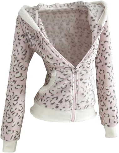 SweatyRocks Women's Y2k Leopard Print Zip Up Hoodie Long Sleeve Fitted Fleece Sweatshirts with Pockets in Saudi Arabia