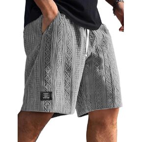 Shorts for Men Casual Summer Drawstring Elastic Waist Beach Short Loose Fit Jacquard Texture with Side Pockets in Kuwait
