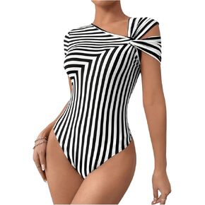 WDIRARA Women's Striped Print Short Sleeve Twist Asymmetrical Neck Shirts Bodysuits Colorblcok Fitted Bodysuit Leotard in Saudi Arabia