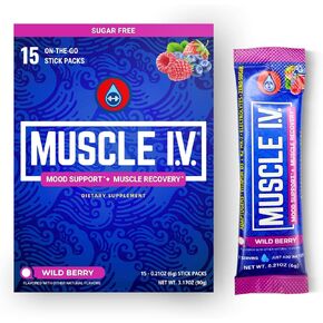 MUSCLE I.V.® دعم المزاج، التعافي، مكمل خفض الكورتيزول، فيتامين د3 ك2، جليسينات المغنيسيوم، إل-ثيانين، KSM-66® أشواغاندا، عبوات مسحوق الإلكتروليتات، خالي من السكر. 15 قيراط (التوت البري) in Kuwait