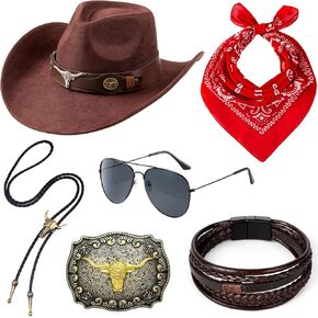 6 Pcs Cowboy Costume Outfit for Men Western Cowboy Hat and Accessories Set Halloween Wild West Cosplay Party in Saudi Arabia