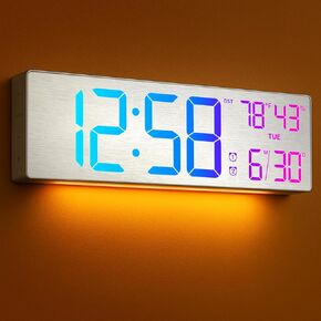 ساعة حائط رقمية كبيرة مقاس 18.5 بوصة من MASHI مع جهاز تحكم عن بعد، منبه مزدوج مع شاشة LED كبيرة، 10 سطوع قابل للتعديل، التوقيت الصيفي، أسبوع التاريخ، درجة الحرارة لغرفة المعيشة، غرفة النوم، هدية لكبار السن (فضي) in Kuwait