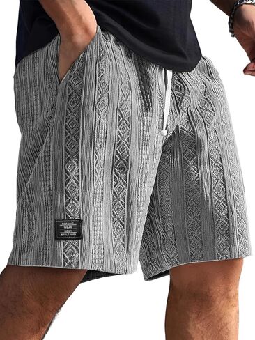 Shorts for Men Casual Summer Drawstring Elastic Waist Beach Short Loose Fit Jacquard Texture with Side Pockets in Kuwait