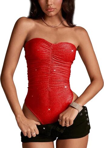 OYOANGLE Women's Glitter Strapless Bodysuits Sleeveless Ruched Fitted Tube Top Bodysuit Tops Clubwear in Kuwait