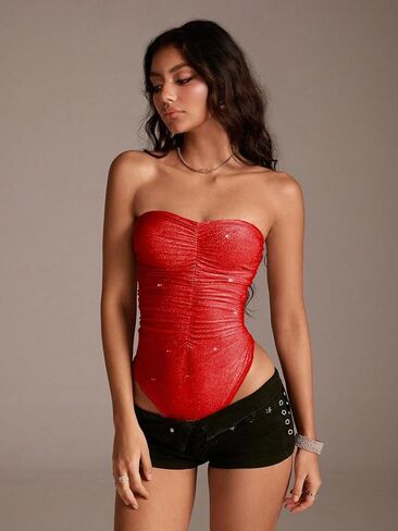 OYOANGLE Women's Glitter Strapless Bodysuits Sleeveless Ruched Fitted Tube Top Bodysuit Tops Clubwear in Kuwait