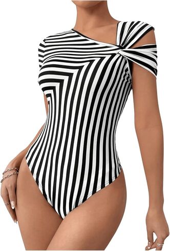 WDIRARA Women's Striped Print Short Sleeve Twist Asymmetrical Neck Shirts Bodysuits Colorblcok Fitted Bodysuit Leotard in Saudi Arabia