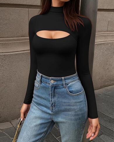 Mock Neck Cutout Front Top Long Sleeve Bodysuits for Women in Saudi Arabia