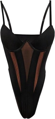 Milumia Women's Sexy Sheer Mesh Spaghetti Strap Bodysuit See Through Rave Party Cami Tops in Saudi Arabia