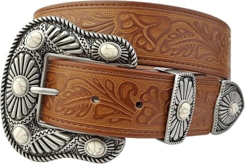 Western Bone Stones Buckle/Loop/Tip Set matched w. floral tooled belt in Saudi Arabia