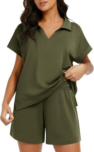 PINSPARK 2 Piece Sets for Women Summer Lounge Sets Short Sleeve Sweatsuit V-neck Tops and Drawstring Shorts Outfits Tracksuit in Saudi Arabia