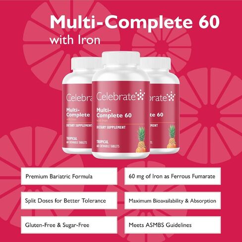 Celebrate Vitamins Multi-Complete Chewables, 60mg Iron – Daily Bariatric Multivitamin for Sleeve Gastrectomy & Gastric Bypass Surgery Patients – Essential Vitamins & Minerals - Tropical (180 Tablets) in Saudi Arabia