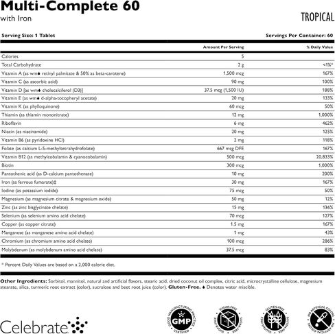 Celebrate Vitamins Multi-Complete Chewables, 60mg Iron – Daily Bariatric Multivitamin for Sleeve Gastrectomy & Gastric Bypass Surgery Patients – Essential Vitamins & Minerals - Tropical (180 Tablets) in Saudi Arabia