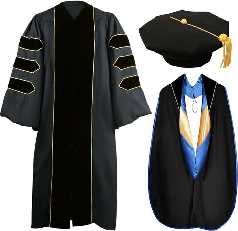 goprety Deluxe Doctoral Graduation Gown Hood Tam 8 Sided Package with Gold Piping Unisex in Saudi Arabia