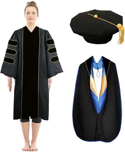 goprety Deluxe Doctoral Graduation Gown Hood Tam 8 Sided Package with Gold Piping Unisex in Saudi Arabia
