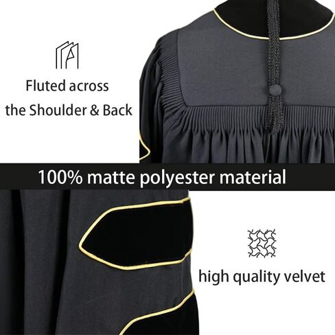 goprety Deluxe Doctoral Graduation Gown Hood Tam 8 Sided Package with Gold Piping Unisex in Saudi Arabia