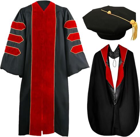 goprety Deluxe Doctoral Graduation Gown Hood Tam 8 Sided Package with Gold Piping Unisex in Saudi Arabia