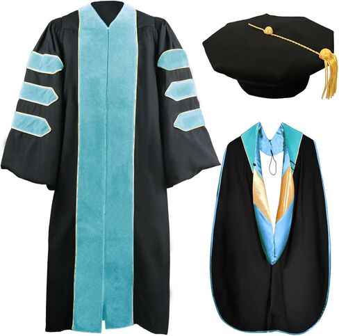goprety Deluxe Doctoral Graduation Gown Hood Tam 8 Sided Package with Gold Piping Unisex in Saudi Arabia