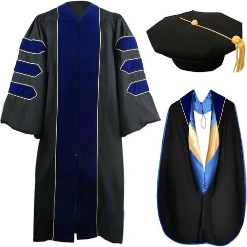 goprety Deluxe Doctoral Graduation Gown Hood Tam 8 Sided Package with Gold Piping Unisex in Saudi Arabia