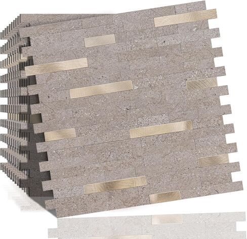 10 Sheets Peel and Stick Backsplash Tile, Stick on Backsplash for Kitchen and Bathroom, Dark Sandstone Look PVC Mixed Metal Gold Self Adhesive Wall Tiles in Saudi Arabia