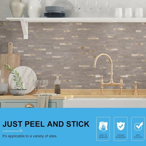 10 Sheets Peel and Stick Backsplash Tile, Stick on Backsplash for Kitchen and Bathroom, Dark Sandstone Look PVC Mixed Metal Gold Self Adhesive Wall Tiles in Saudi Arabia