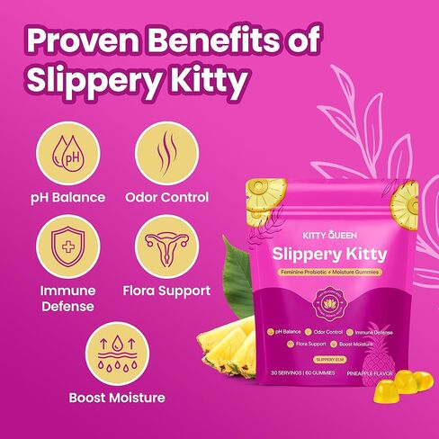 KITTYQUEEN سليبري كيتي صمغ بروبيوتيك ورطوبة أنثوية، نكهة الأناناس، صمغ بروبيوتيك للسيدات للصحة المهبلية، توازن درجة الحموضة، التحكم في الرائحة، دعم النباتات وتعزيز الرطوبة، 60 قطعة in Kuwait