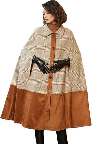 BEAUTELICATE Women Wool Blend Cape Turn Down Collar Slit Sleeve Fall Winter Plaid Cape in Saudi Arabia